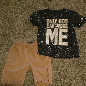Black Graphic Tee and Tan Shorts Set